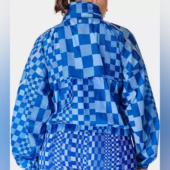 Sweaty Betty Blue Checkered Graphic Pack Away Jacket Women's Size Medium NWT - Picture 3 of 15